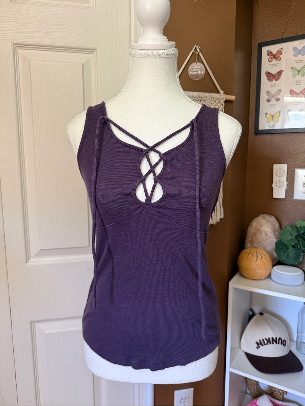 Free People Women’s Purple Stretchy Cotton Lace-Up Chest Tank Top / Size S